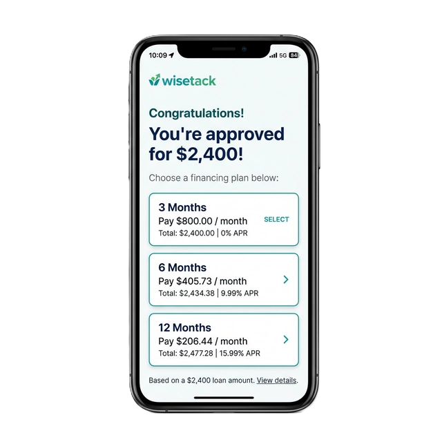 Wisetack financing app showing gutter project payment plans on a smartphone